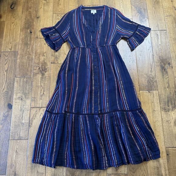 Anthropologie Sundry Dress Sz 1 Navy Striped Metallic Ruffle Midi Boho Peasant - Picture 2 of 8